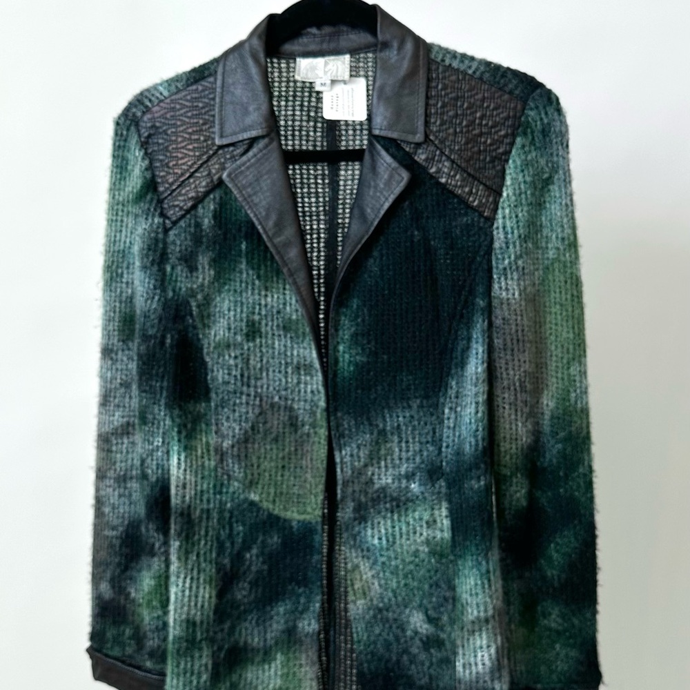 VTG Green Printed Art Knit Faux Leather Long Cardigan Jacket Alberto Makali/M